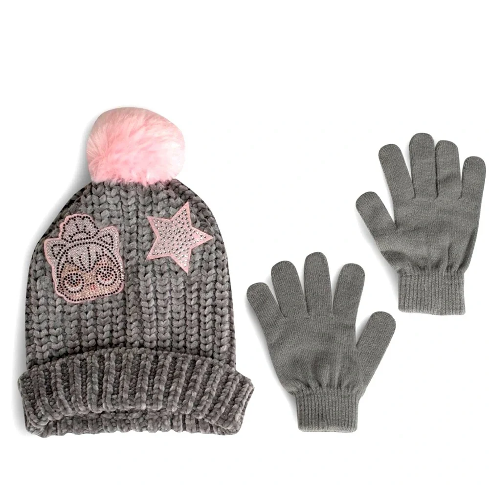 LOL Surprise Soft Chenille Winter Hat &‎ Gloves Set for Girls with pompom